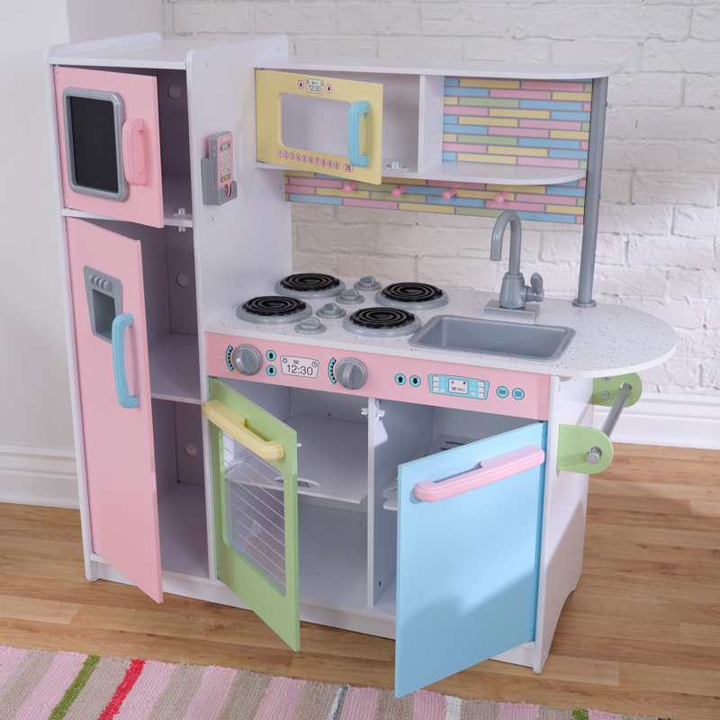 Cuisine de jeu en bois pastel Uptown avec tableau noir telephone de jeu et portes transparentes